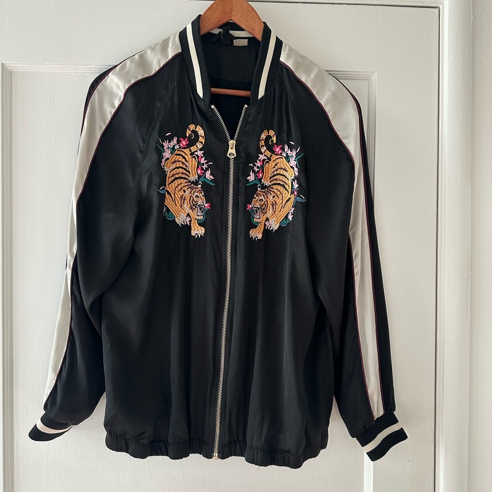 H&M Black Silky Bomber Style Jacket with Embroidered Tigers